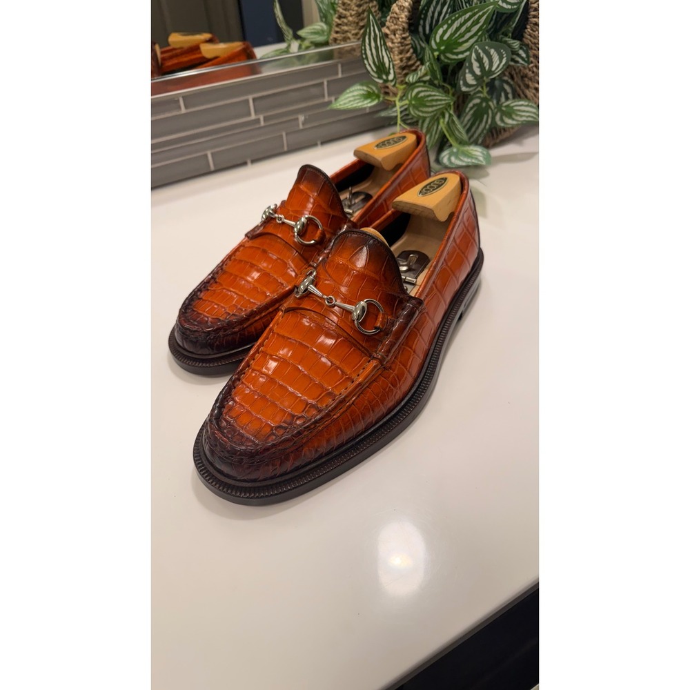 Gucci Mens 1921 Horsebit Loafers Cognac Orange Crocodile Leather 8.5 New RARE